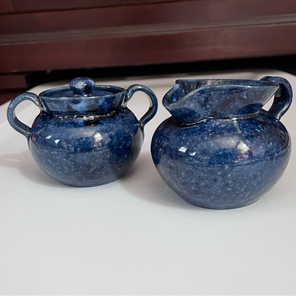 Vintage Celia Cole Sanford NC Pottery speckled blue sugar & cream set - Picture 1 of 16